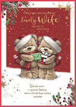 Wife Christmas Card - Bears in Santa Hats Scarves in Snow with Gold Foil 10x7"