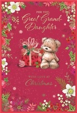 Great Granddaughter Christmas Card - Bear Sat by Gift Box Gold Foil 7.5x5.25"