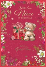 Niece Christmas Card - Bear Sat by Gift Box Flower Border & Gold Foil 7.5x5.25"