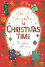 Granddaughter Christmas Card - Red Border Stocking Gifts Holly & Gold Foil 9x6"