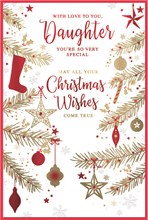 Daughter Christmas Card - Red and Gold Foil Xmas Tree Branches 9x6"