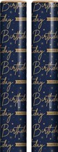 6m Happy Birthday Gift Wrapping Paper Roll - 2x3m - Blue with Gold Writing Stars