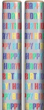 6m Gift Wrapping Paper Roll - 2x3m Silver with Multicoloured Happy Birthday