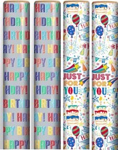 12m Happy Birthday Gift Wrapping Paper - 4 x 3m Roll's - Silver and White Unisex