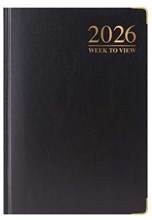 2026 A6 Week To View Hardback Diary with Metal Corners & Ribbon Marker - Black