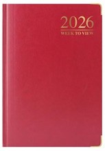 2026 A6 Week To View Hardback Diary with Ribbon Marker Metal Corners - Red