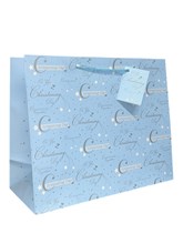 Large Blue Christening Boy Gift Bag - Blue with Silver Hearts and Stars 13x10"