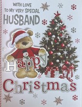 Husband Christmas Card - 3D Santa Bear Xmas Tree and Silver Foil 7.5x5.25"