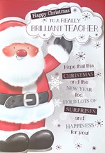 Teacher Christmas Card - Jolly Santa Waving with Snowflakes & Red Foil 7.5x5.5"