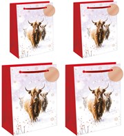 Set of 4 Christmas Gift Bags - Medium and Large Highland Cows and Gold Foil