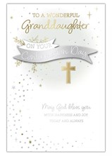 Granddaughter Confirmation Day Card - Silver Foil Banner & Gold Foil Cross 9x6"