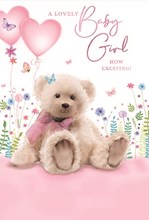 Birth of New Baby Girl Card - Teddy with Pink Heart Balloons Flowers 7.75x5.25"