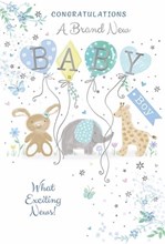 Birth of New Baby Boy Card - Animals with Blue Green Balloons & Foil 7.75x5.25"