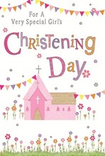 Girl's Christening Day Card - Pink Church Bunting Flowers Silver Foil 7.75x5.25"