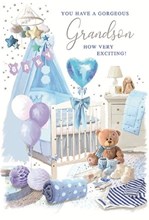 Birth of New Baby Grandson Card - Blue White Nursery with Silver Foil 7.75x5.25"