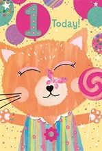 Age 1 Birthday Card - 1st Birthday Ginger Cat Pink Butterfly and Foil 7.75x5.25