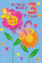 Age 3 3rd Birthday Card - Bright Flowers Butterflies Hearts and Foil 7.75x5.25"