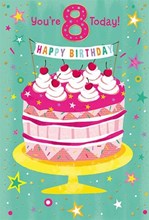 Age 8 Girl Birthday Card - 8th Birthday Big Cake with Stars & Foil 7.5x5.75"