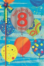 Age 8 Boy Birthday Card - 8th Birthday Bright Balloons & Silver Foil 7.75x5.25"