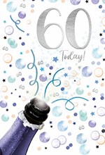 Age 60th Male Birthday Card - Blue Champagne Bubbles Silver Foil 60 7.75x5.25"