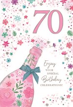 Age 70 Female Birthday Card -70th Birthday Pink Champagne & Flowers 7.75x5.25"