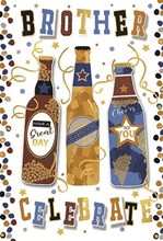 Brother Birthday Card - Brown & Blue Bottles of Beer with Gold Foil 7.75x5.25"