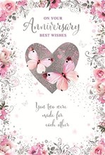 Wedding Anniversary Card - Silver Foil Heart Pink Butterflies Flowers 7.75x5.25"