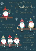 Husband Christmas Card - Gonks Sat on Shelves Snowflakes and Gold Foil 9.75x6.8"