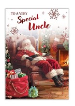 Uncle Christmas Card - Traditional Santa asleep in Chair with Red Foil 7.5x5.25"