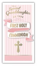 Granddaughter First Holy Communion Card Pink White Stripe Gold Foil Cross 8.75x4