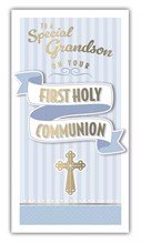 Grandson First Holy Communion Card - Blue White Stripe Gold Foil Cross 8.75x4"