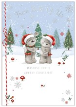 From Both Of Us Christmas Card - Santa Bears in Snowy Forest Twine Foil 7.5x5.25