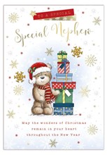 Nephew Christmas Card -  Santa Bear with Gifts and Gold Foil 7.75x5.25"