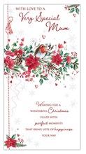 Mum Christmas Card - Robin Poinsettia Flowers Pine Cones Foil 9x4.75"
