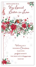 Sister-in-Law Christmas Card - Robin Poinsettia Flowers Pine Cones Foil 9x4.75"