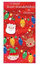 Great Grandchildren Christmas Card - 3D Santa & Friends on Lights & Foil 9x4.75"