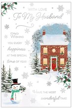 Husband Christmas Card - House and Snowman with Silver Foil 9x6"
