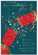 Niece & Partner Christmas Card - Green with Red Cracker and Gold Foil 9x6"