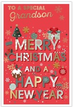 Grandson Christmas Card - Red with Green White and Gold Writing with Foil 9x6"