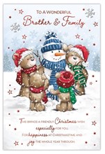 Brother & Family Christmas Card - Bears Building Snowman Red Foil 9x6"