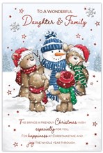 Daughter & Family Christmas Card - Bears Building Snowman Red Foil 9x6"