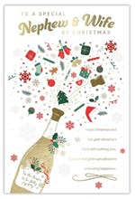 Nephew & Wife Christmas Card - Xmas Icons out of Champagne Bottle Gold Foil 9x6"