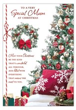 Mum Christmas Card - Xmas Tree and Wreath with Red Foil attached Twine 9.75x7"