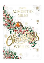 Across The Miles Christmas Card - Red Robin on Holly with Gold Foil 7.5x5.25"