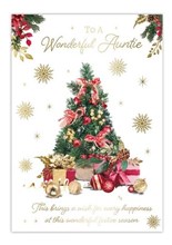 Auntie Christmas Card - Xmas Tree with Gifts and Baubles Gold Foil 7.5x5.25"