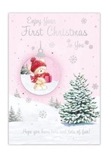 Baby's First Christmas Card - Pink with Bear in Bauble Silver Foil 7.5x5.25"