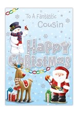 Cousin Christmas Card - Santa, Reindeer & Snowman with Silver Foil 7.5x5.25"