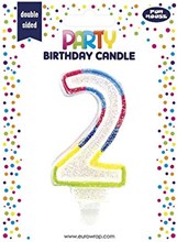 Number 2 Multicoloured Double Sided Glitter Birthday Party Candle - 3"/7.5cm