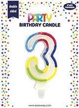 Number 3 Multicoloured Double Sided Glitter Birthday Party Candle - 3"/7.5cm