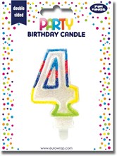 Number 4 Multicoloured Double Sided Glitter Birthday Party Candle - 3"/7.5cm